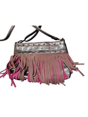 Catchfly Leather Crossbody Purse, Bronze Pink Fringe, Rhinestone, Snap Close